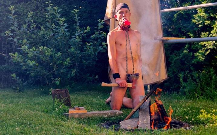 naked slave pig exposed outdoor prepare campfire for gay party
