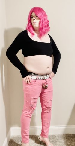 Share Sissy Donna in black sweater, pink jeans and BBC lover panties