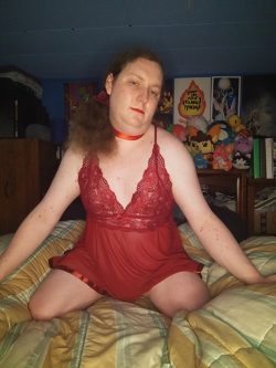 ~ Tranny wh*re in Red Lingerie