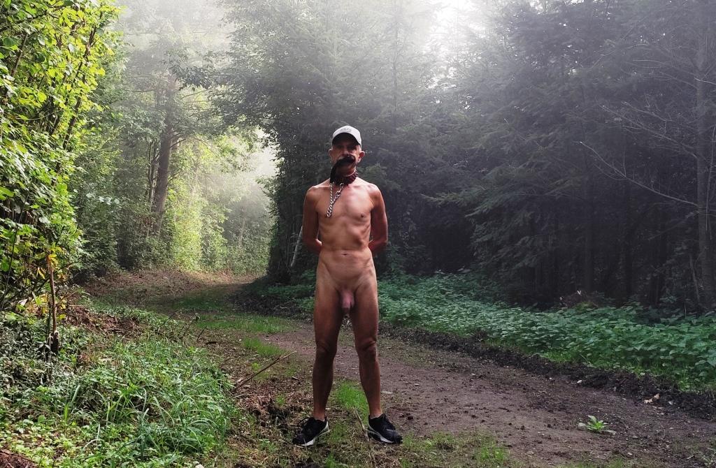 naked slave pige exposed outdoor sunday walk in the mist