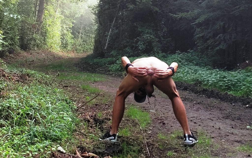 naked slave pige exposed outdoor sunday walk in the mist