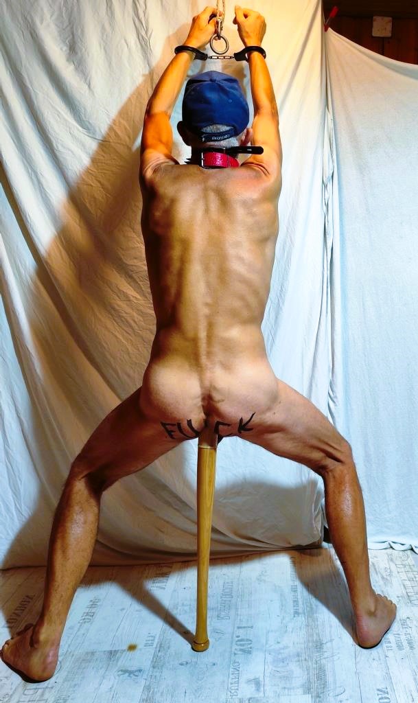 naked slave pig exposed baseball bat in c*nt handcuffed