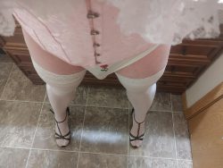 ~ Sissy Rose in pink corset and white satin panites