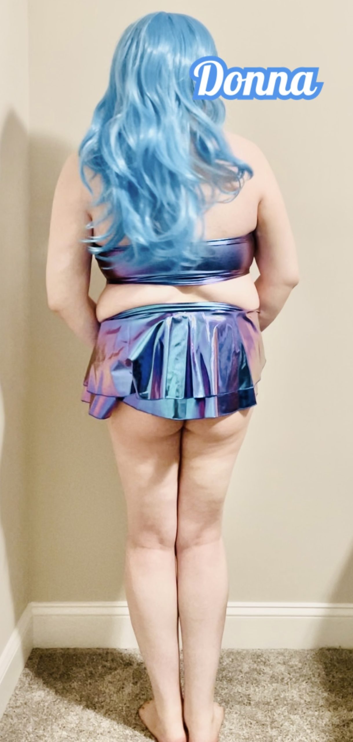 Donna the sissy sl*t – she loves her metallic blue mini skirt