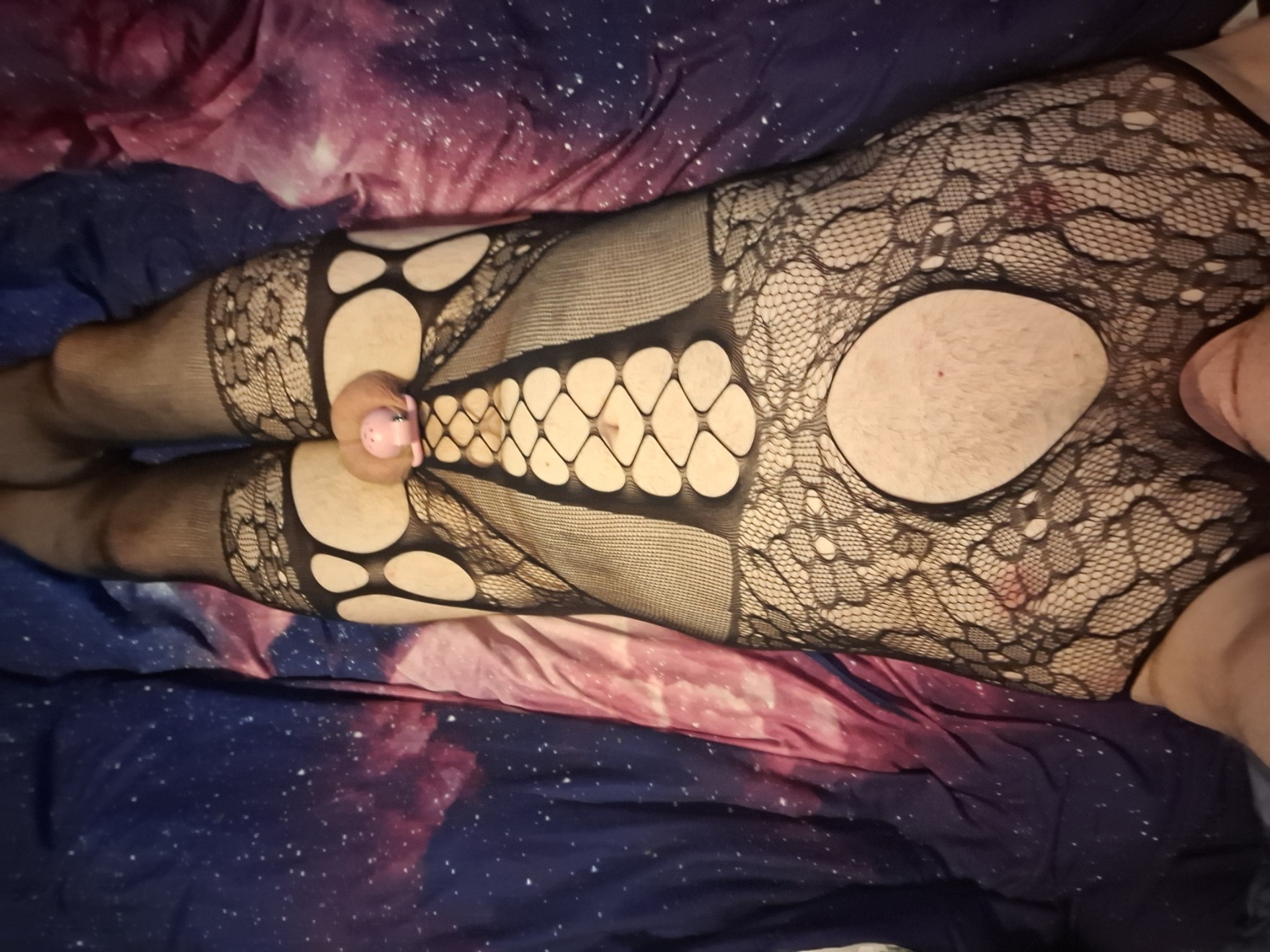 Chubby sissy chastity and fishnets