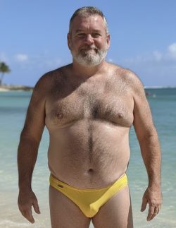 Chubby subby Bob posing in tiny yellow speedo on the beach