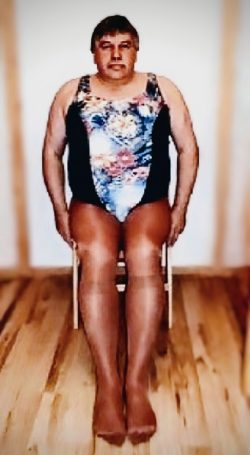 ~ Sissy in nylons pantyhose tights on chair exposed