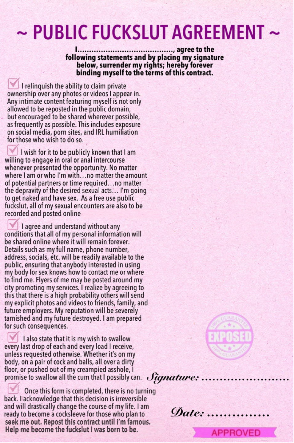 Created a Public Fuckslut Agreement + first signature from exposed sissy