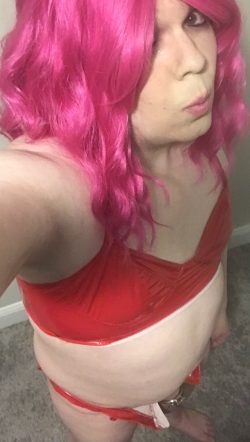 Red leather lingerie for bimbo Sissy Donna